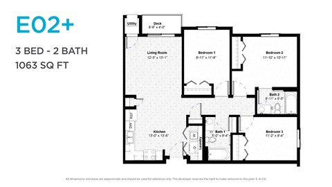 Floor plan for 3 beds, 2 baths, 1063 sqft